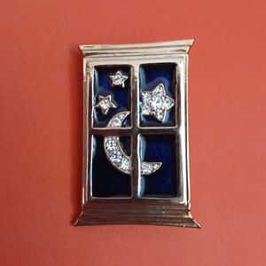 Celestial Night Sky Brooch Gold Tone Blue Enamel Moon & Stars Rhinestone